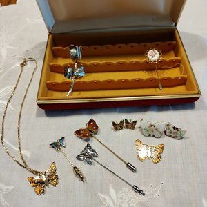 Vintage Stick Pins, bar pins lot with Jewelry Box, Butterflies, floral, etc.
